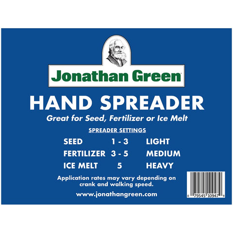 Jonathan Green hand spreader showing wide 10 ft broadcast width for thorough coverage.