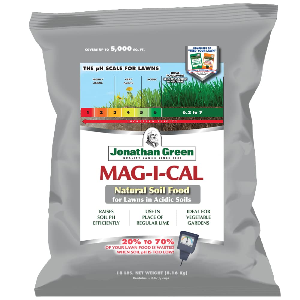 Jonathan Green Mag-I-Cal bag front label shows pH relief for lawns.