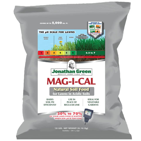 Jonathan Green Mag-I-Cal bag front label shows pH relief for lawns.