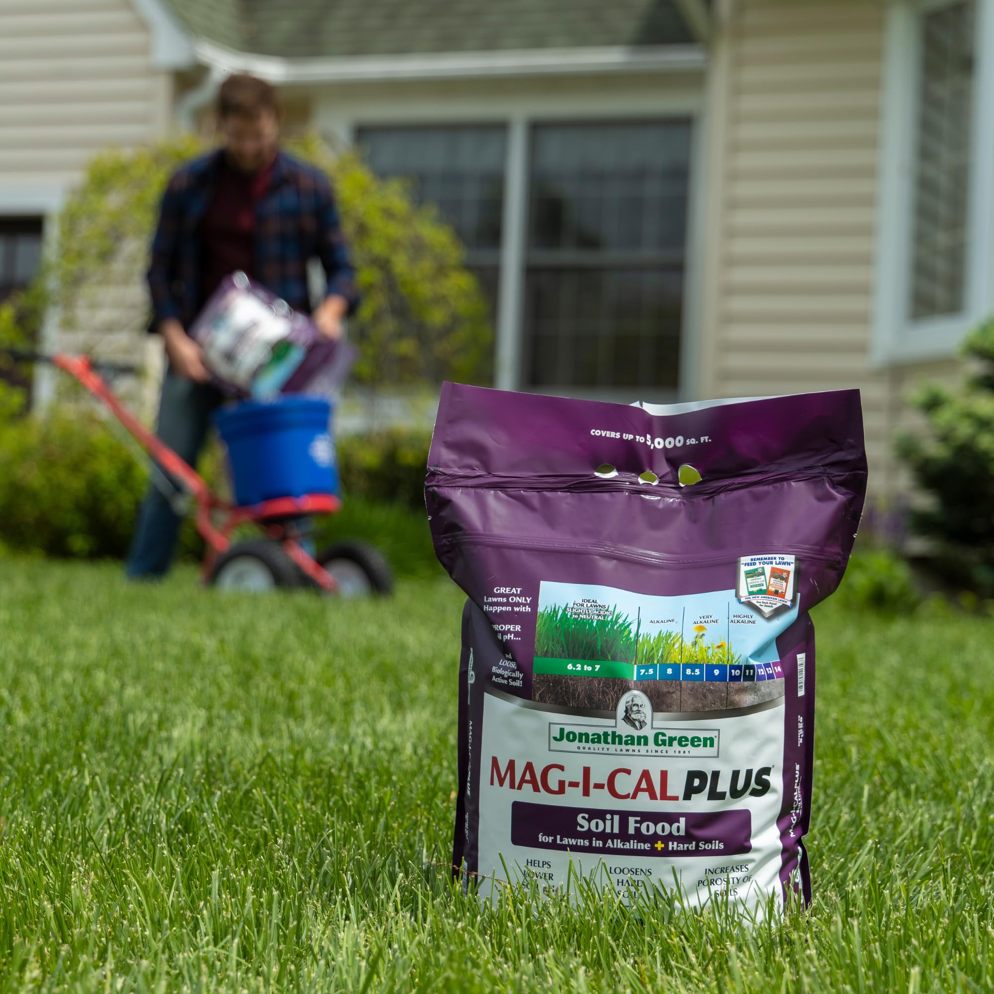 Lawn application scene showing MAG-I-CAL Plus spreading over grass.