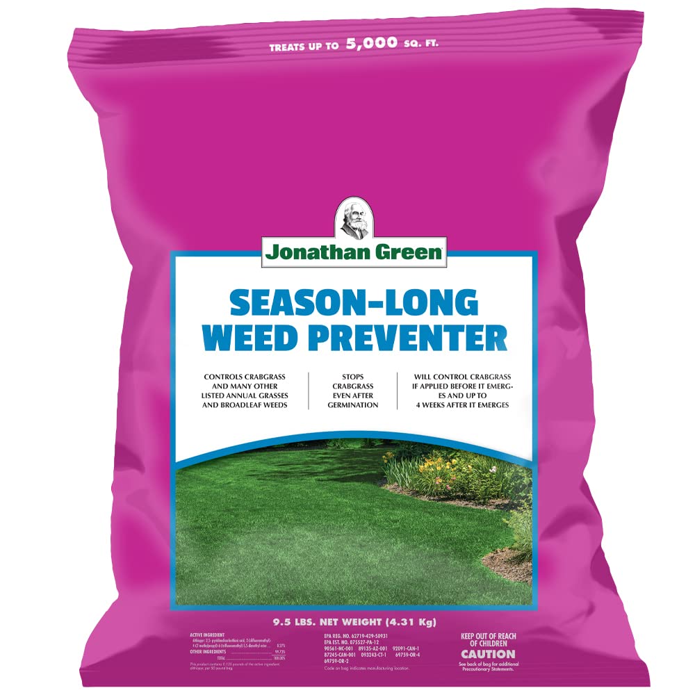 Jonathan Green Season-Long Weed Preventer bag ready for spring crabgrass protection.