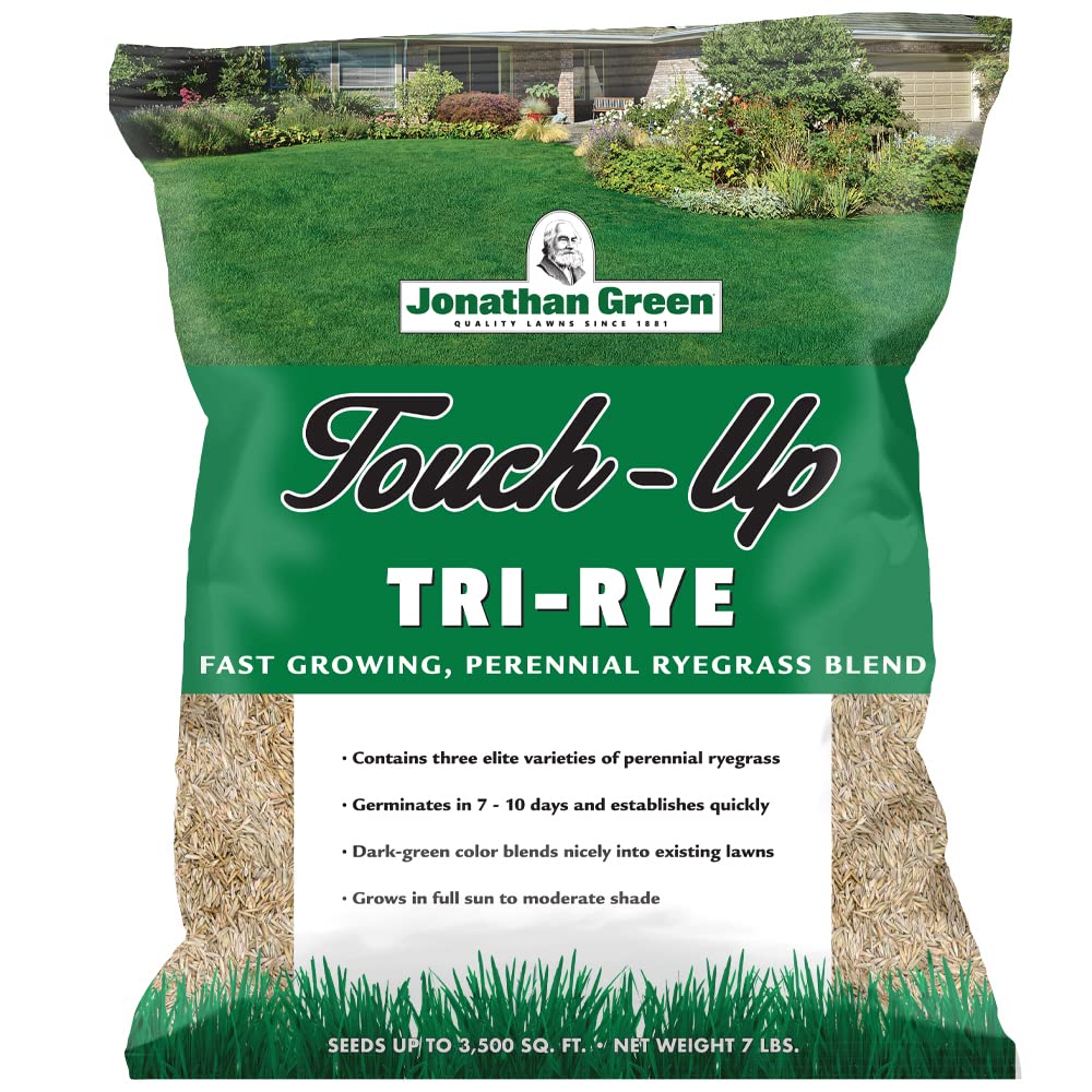 Jonathan Green Touch-Up TRI-RYE seed bag ready for patch repair and overseeding