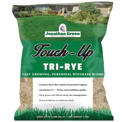 Jonathan Green Touch-Up TRI-RYE seed bag ready for patch repair and overseeding