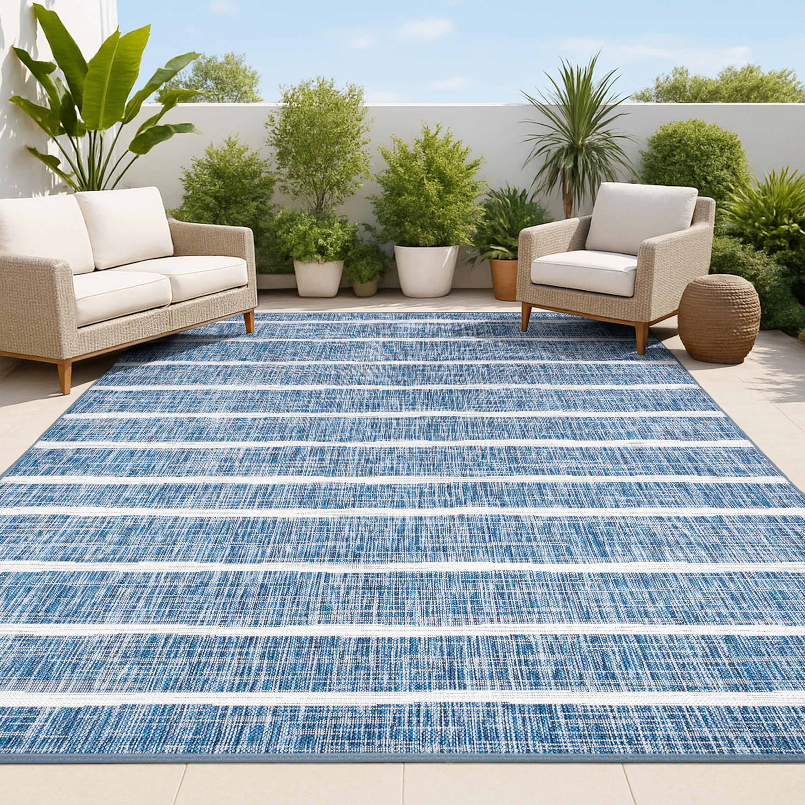 Jonathan Y Berber Stripe rug blue ivory for versatile indoor outdoor use