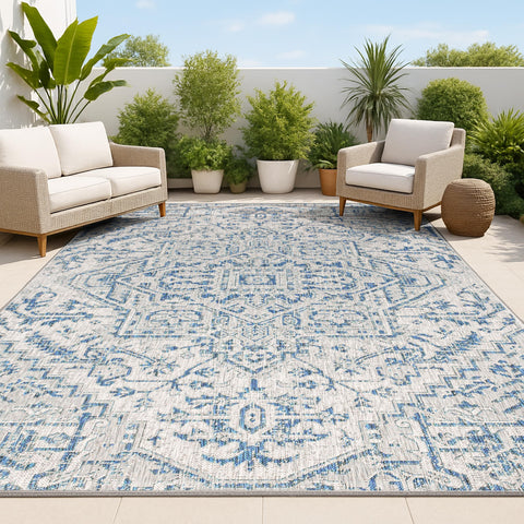 Jonathan Y Boho Medallion outdoor rug in navy gray for patios and decks