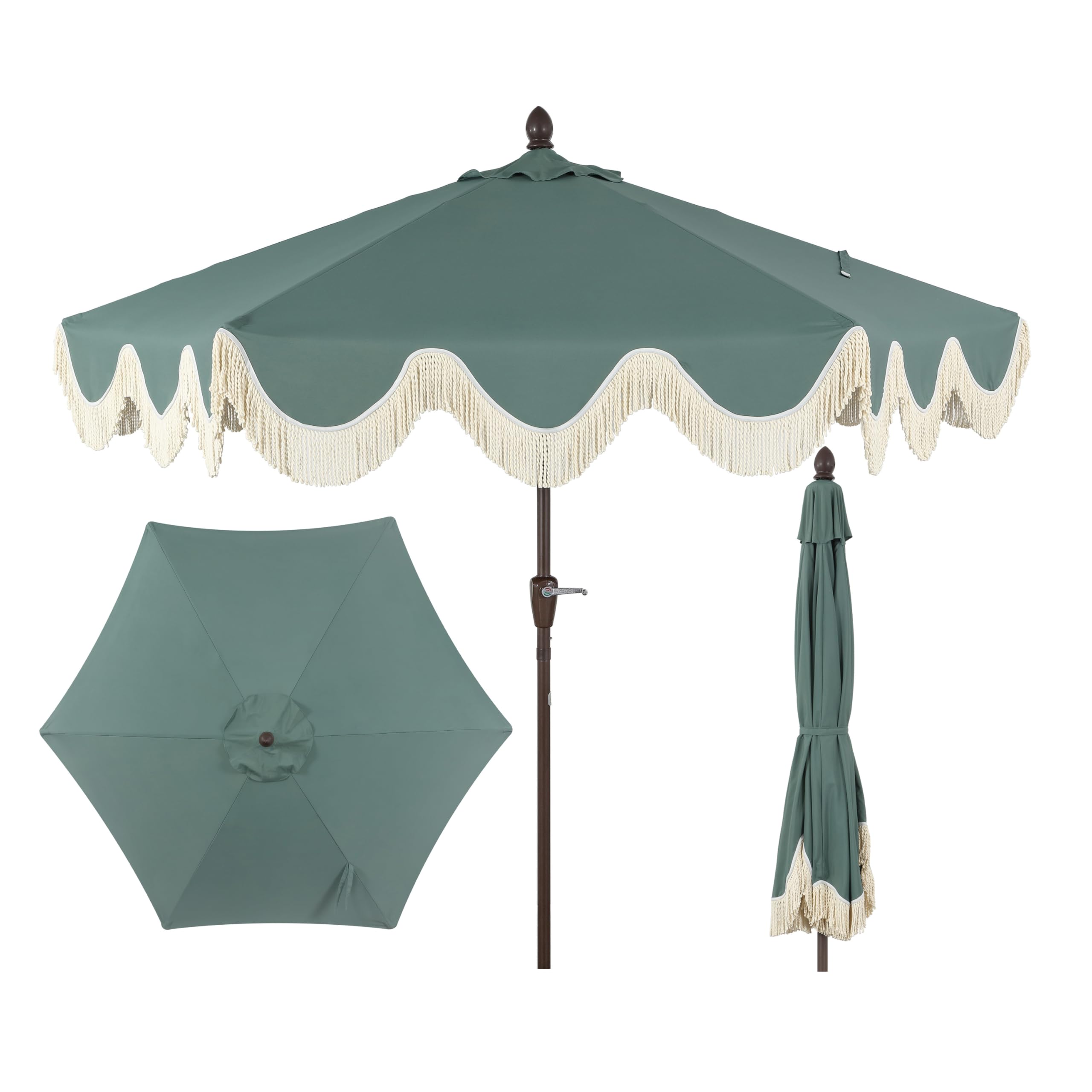 Jonathan Y Collins umbrella with green canvas and cream fringe shades outdoor seating.