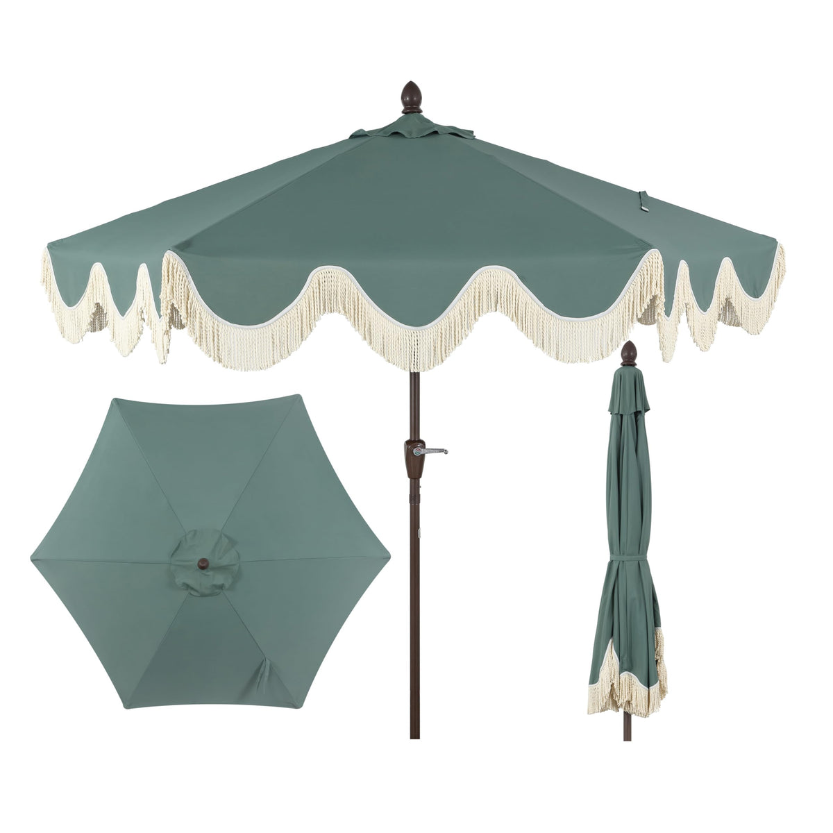 Jonathan Y Collins umbrella with green canvas and cream fringe shades outdoor seating.