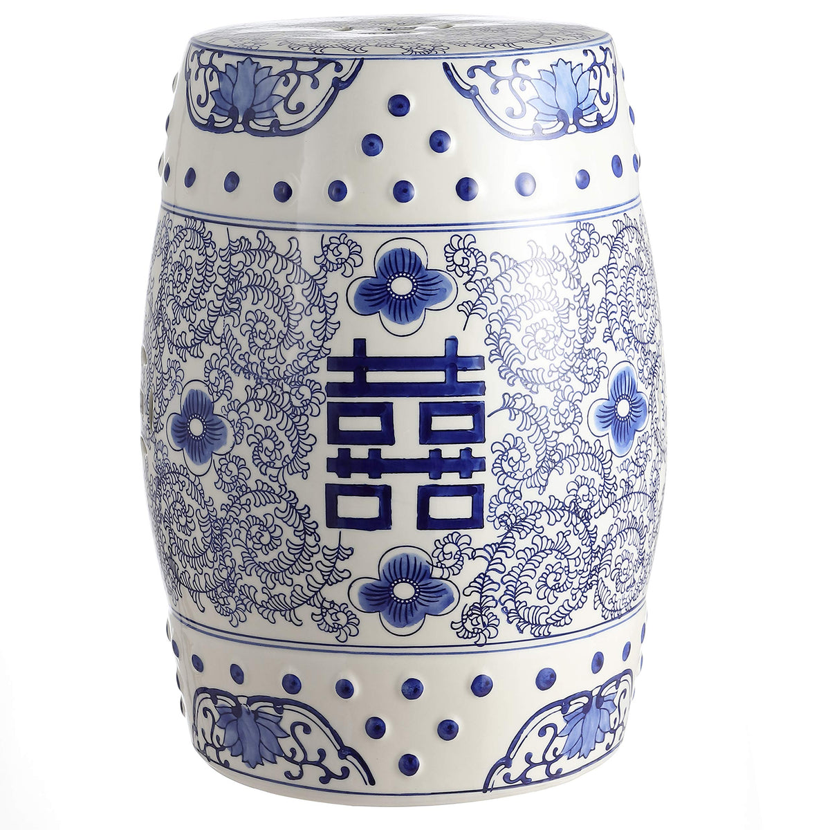 Jonathan Y Double Happiness 18inch ceramic drum stool offers durable indoor/outdoor seating.