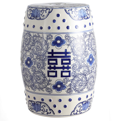Jonathan Y Double Happiness 18inch ceramic drum stool offers durable indoor/outdoor seating.