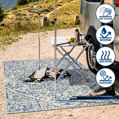 Jonathan Y navy gray flatweave detail indicates durable polypropylene construction.