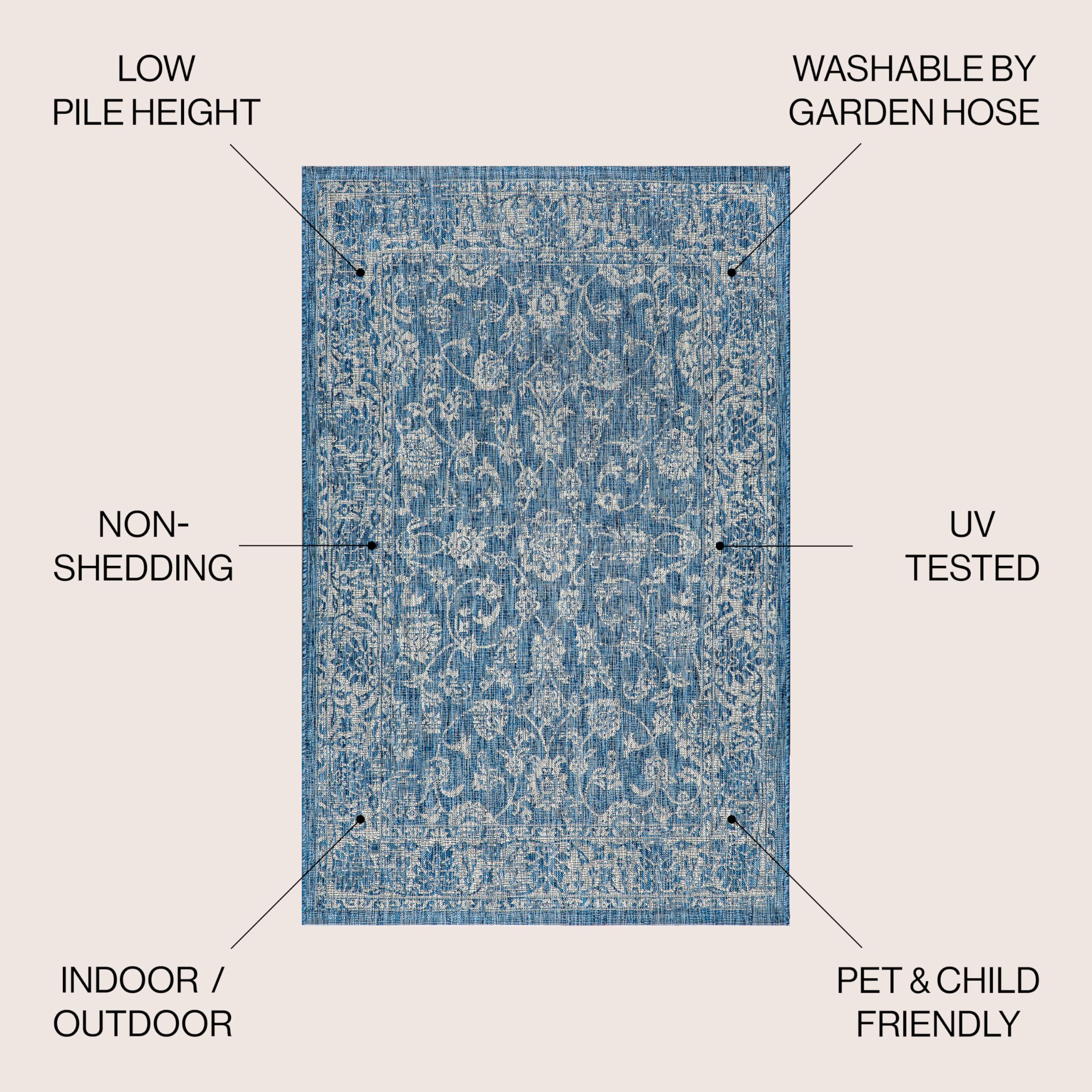 JONATHAN Y outdoor rug navy gray palette enhances porch ambiance.