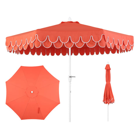 Jonathan Y Tracy 9ft coral red fringe umbrella over seating area for stylish shade