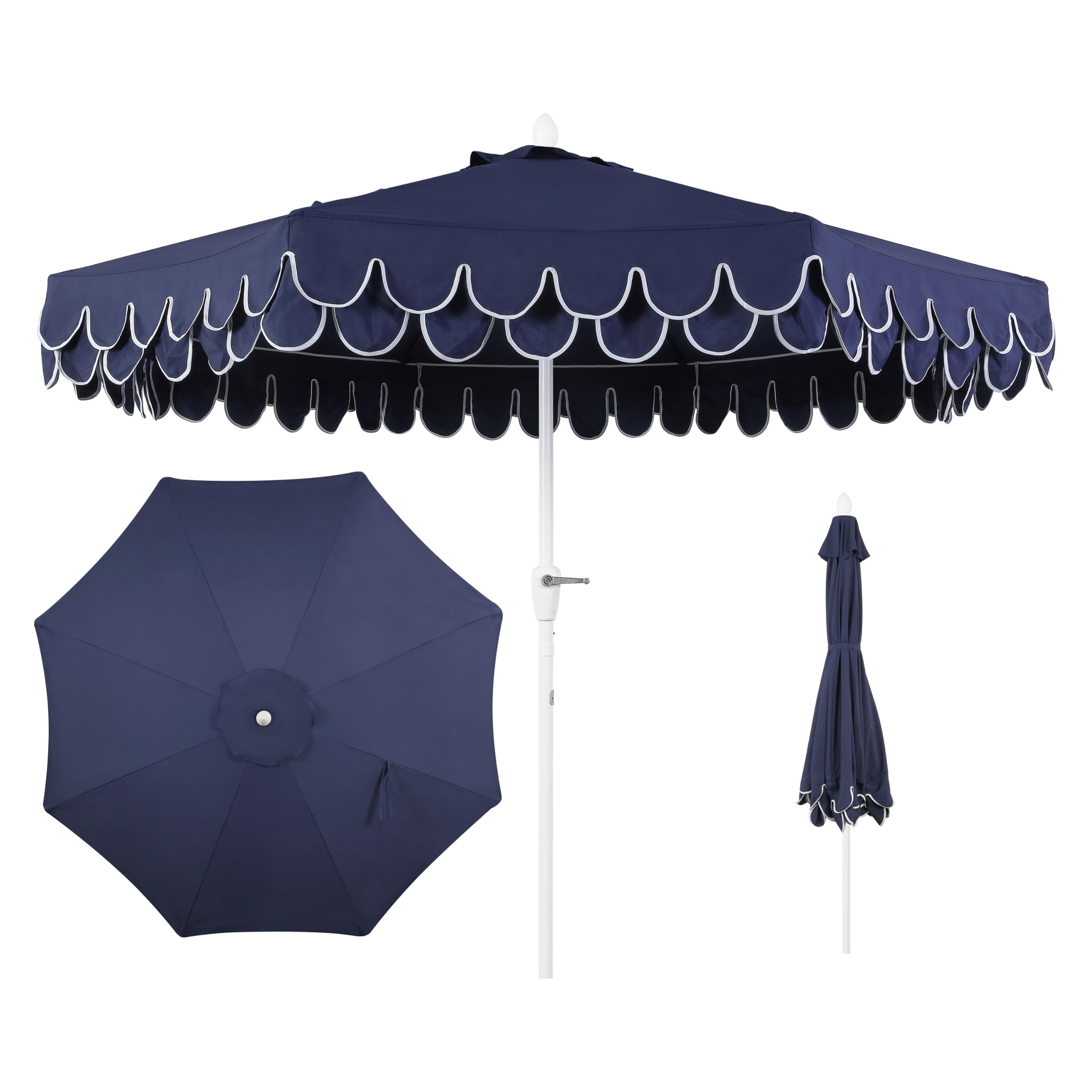 Jonathan Y Tracy 9ft umbrella navy white fringe provides stylish shade.