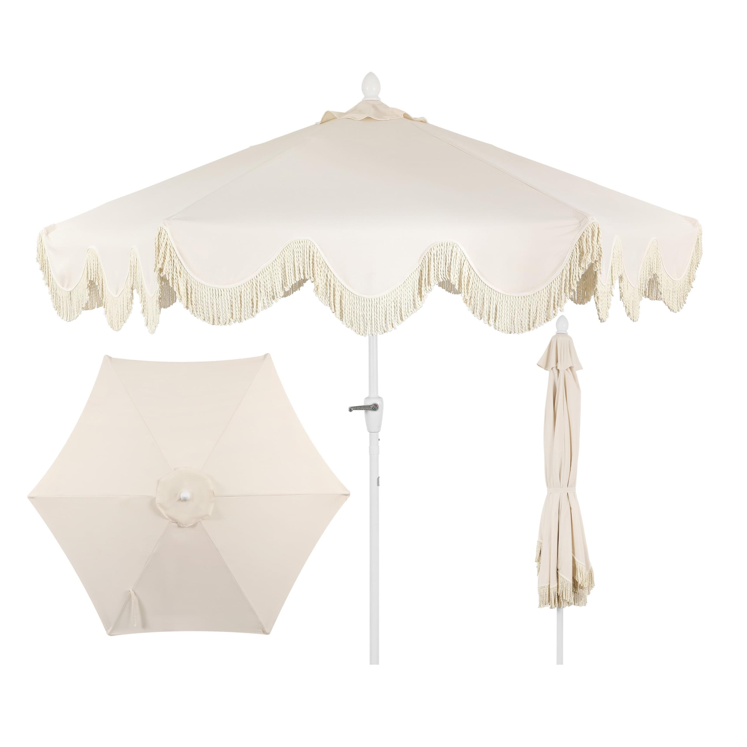 Jonathan Y UMB1001E cream umbrella with fringe edge adds cottage charm to outdoor spaces.