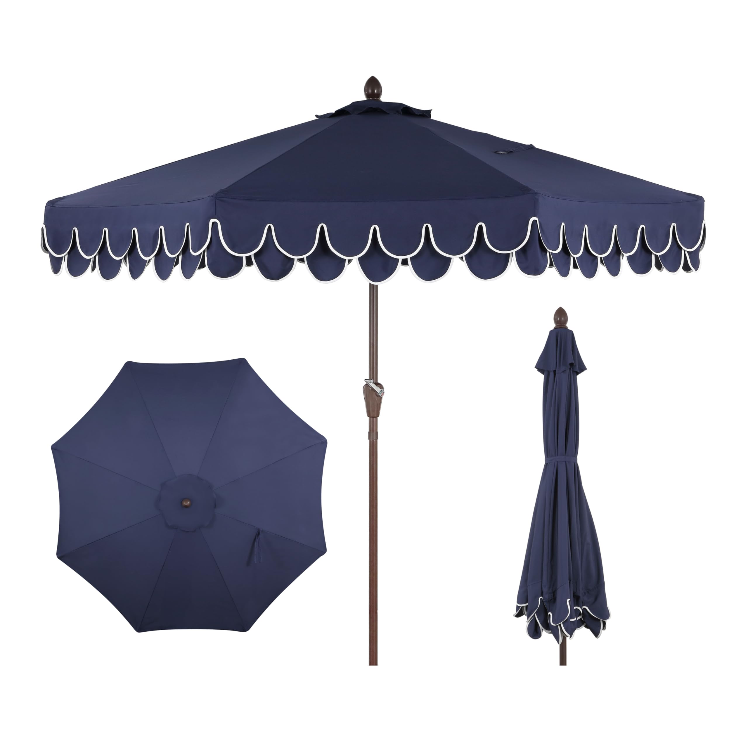 Jonathan Y UMB1002B Tracy umbrella navy with double-scalloped edge provides stylish shade for outdoor lounging.