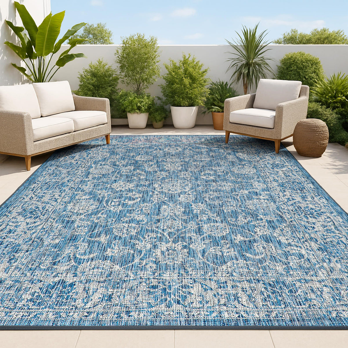 JONATHAN Y weave floral outdoor rug 5x8 navy gray for patio durability.