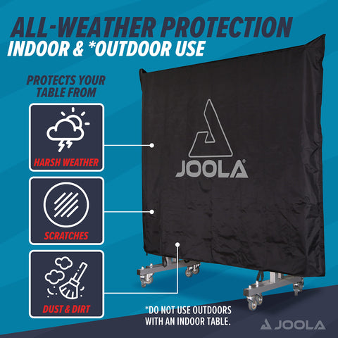 JOOLA outdoor table cover securely fastened with straps in storage position.