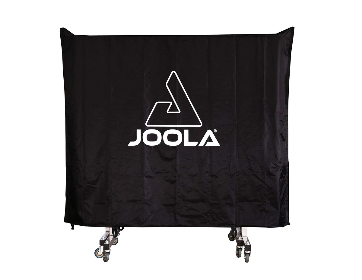 JOOLA outdoor table cover in waterproof material protecting a 9x5 table in playing position.
