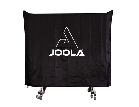 JOOLA outdoor table cover in waterproof material protecting a 9x5 table in playing position.