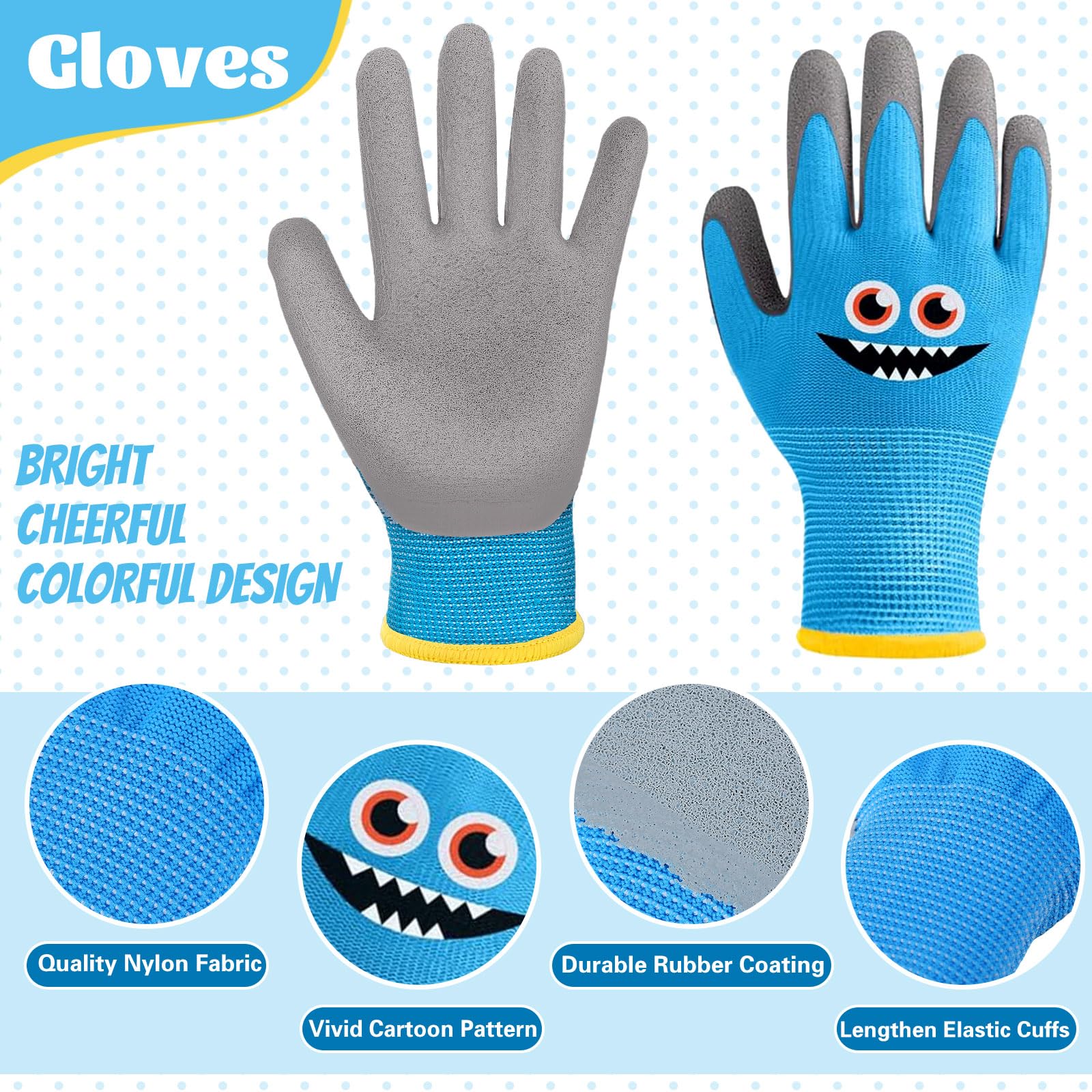 Joottuan kids garden gloves blue pattern for secure grip in damp conditions.