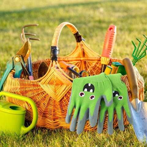Joottuan kids garden gloves turquoise for breathable wear during planting.
