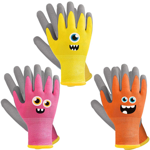 Joottuan kids gardening gloves in pink with latex coating for secure grip during yard tasks.
