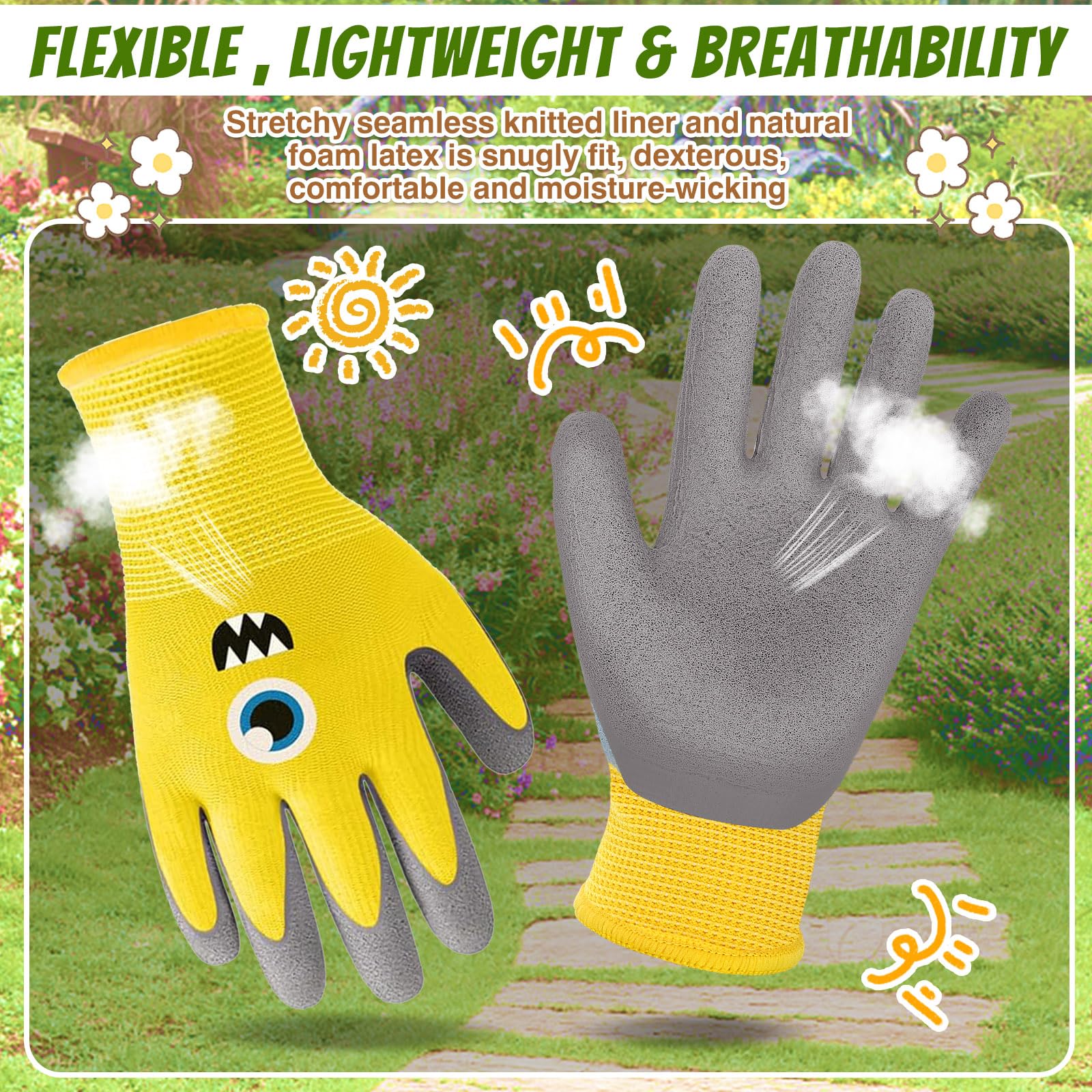 Joottuan yellow monster-pattern gloves provide cheerful protection for outdoor tasks.