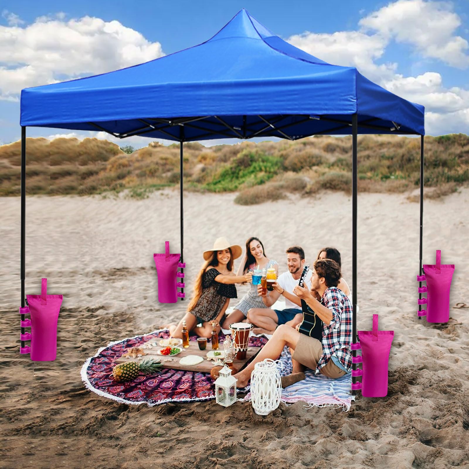 Joramoy pink canopy weights filled with sand demonstrate secure outdoor setup