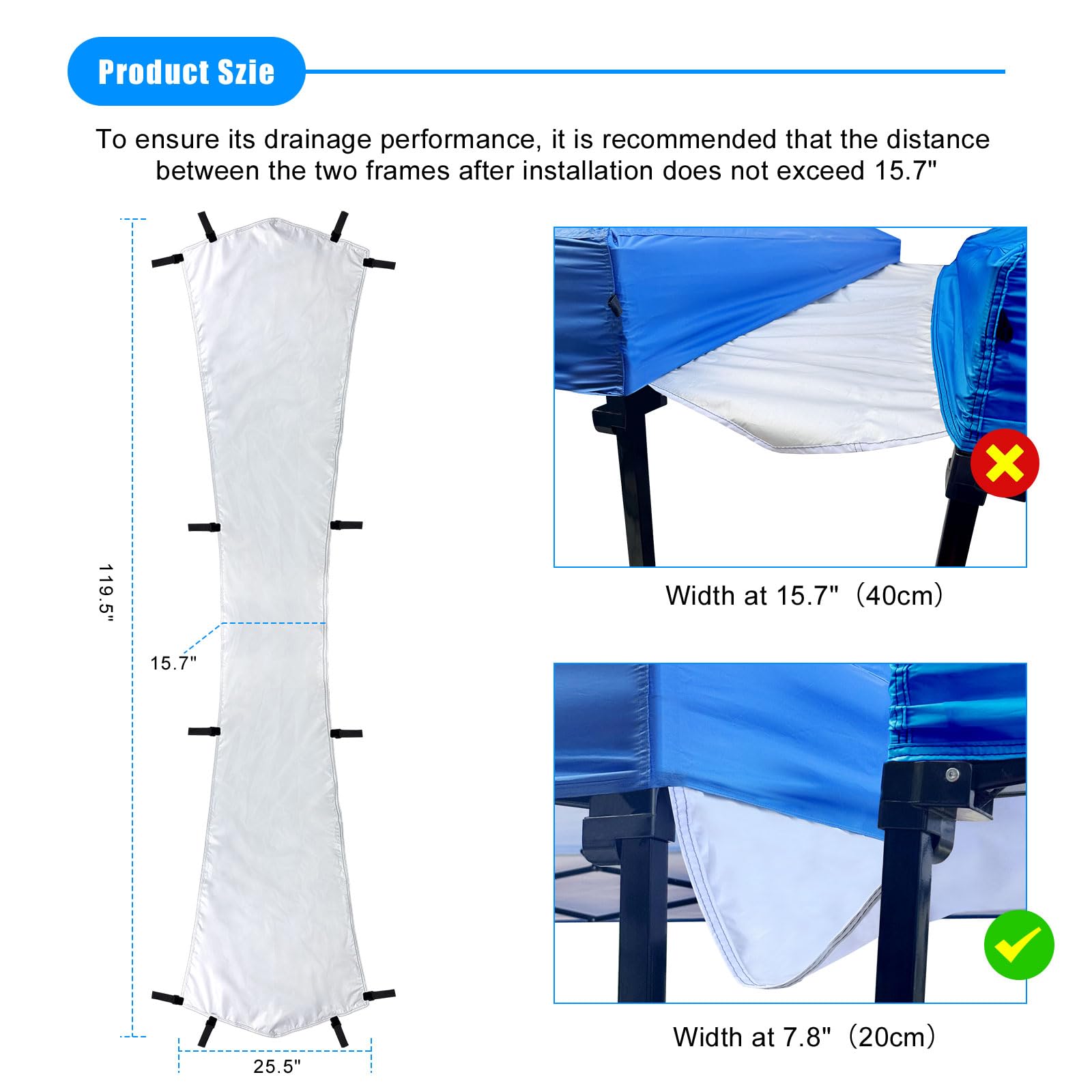 Joramoy canopy gutter between tents for seamless water channeling and dry space.