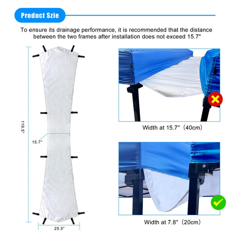 Joramoy canopy gutter between tents for seamless water channeling and dry space.