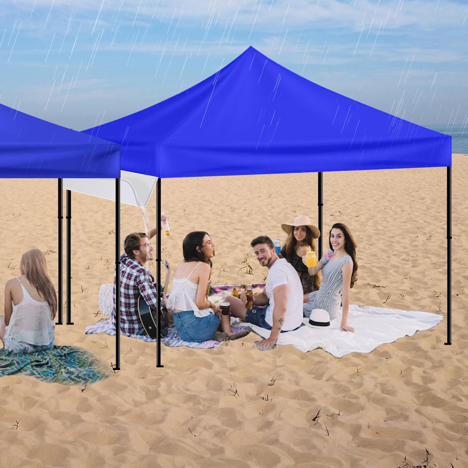 Joramoy white canopy gutter blends with tents while reducing sun glare and rain intrusion.