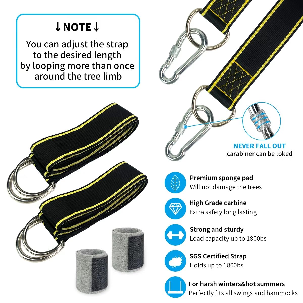 Jorohiker locking carabiners provide secure attachment for durable swings.