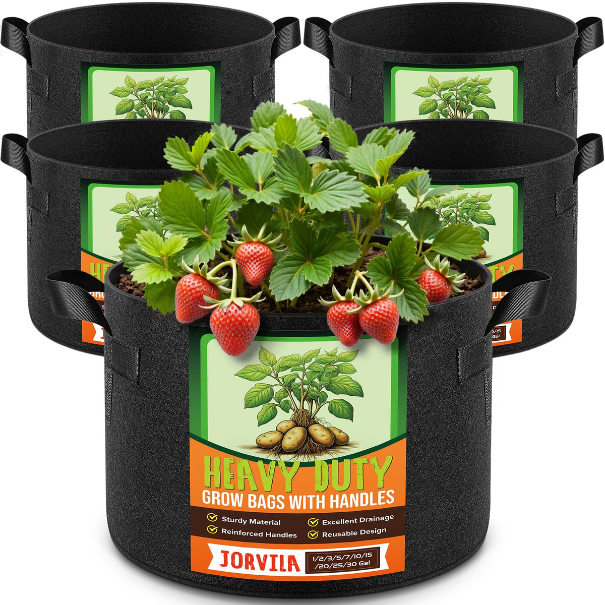 Jorvila 5 pack grow bags stacked for easy storage and transport