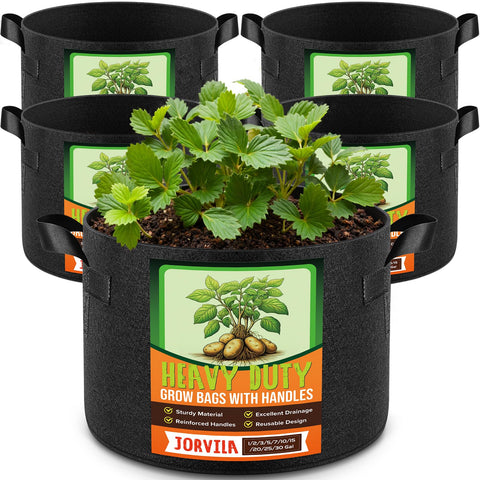 Jorvila 5-pack grow bags in 3-gallon size, ideal for versatile home planting and easy relocation.