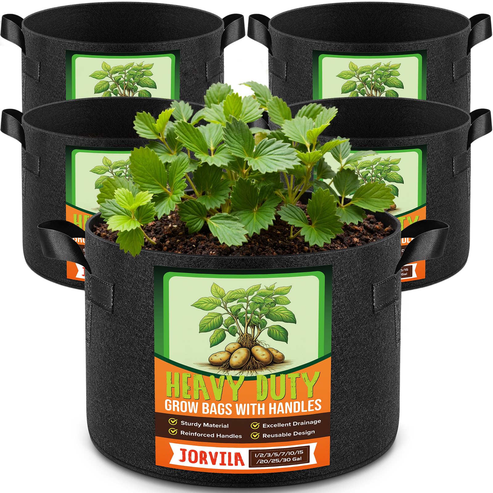 Jorvila 5-pack 30 gallon grow bags ready for planting and transport