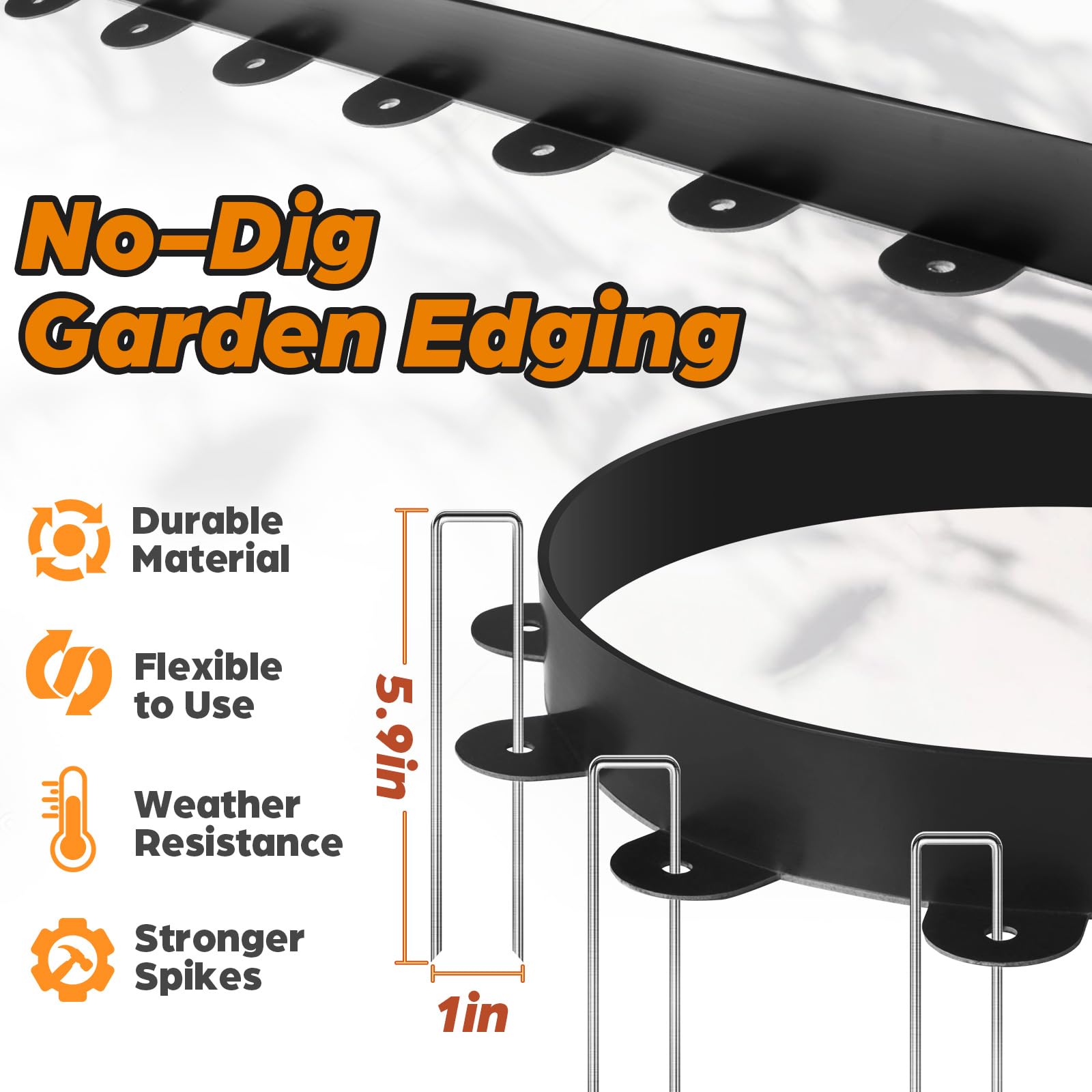 Jorvila 120 metal spikes provide strong anchoring for edging installations.