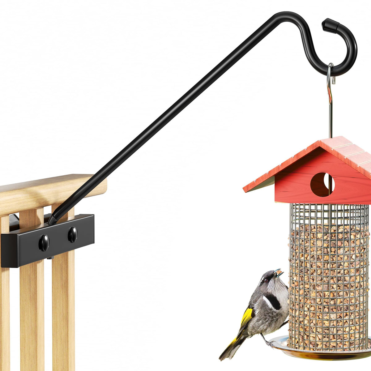 Josmimic 12 inch deck hanger on railing supports bird feeders and plants.