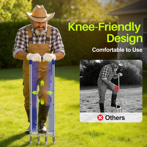 Josmimic dual-level foot bar provides leverage for cleaner, faster lawn aeration.