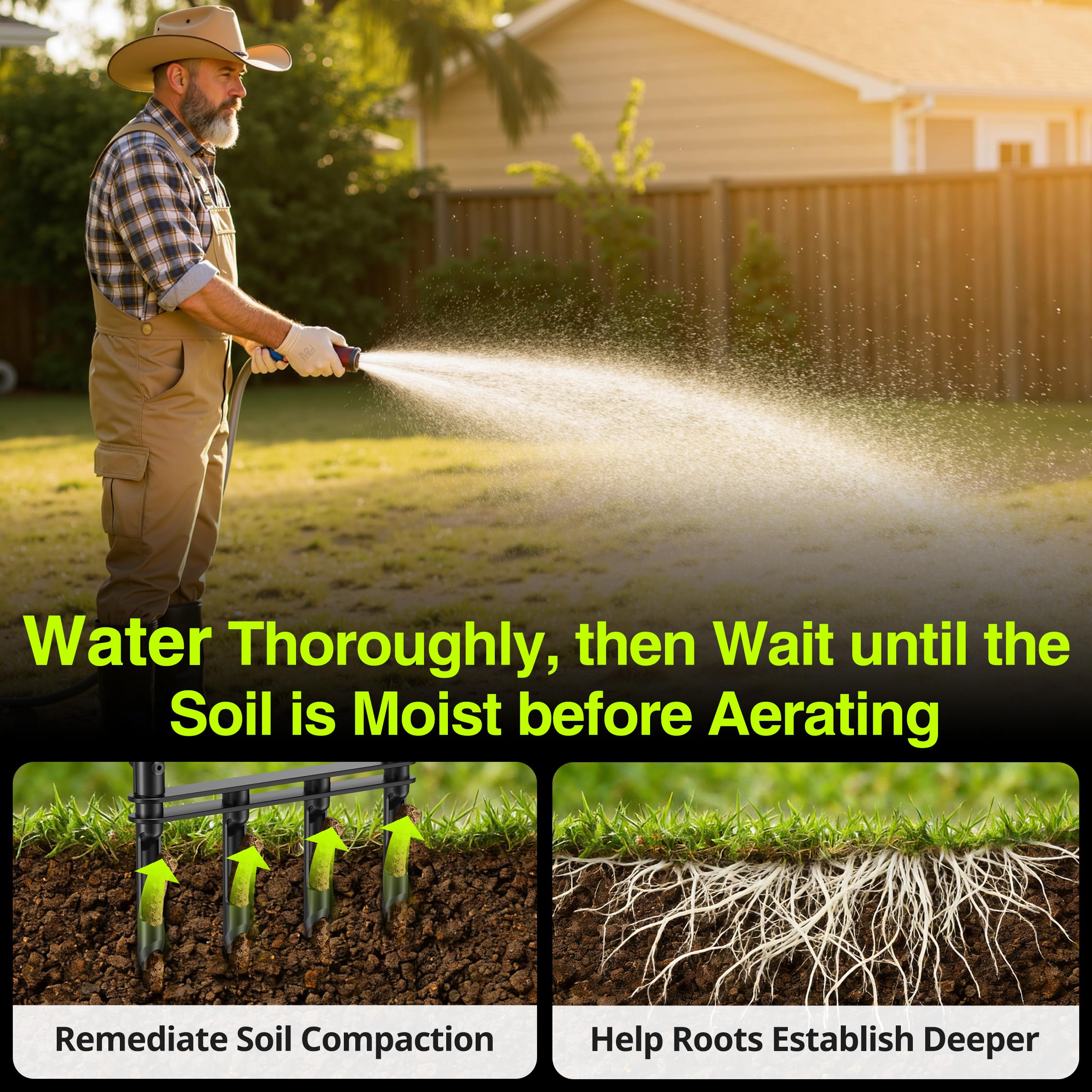 Josmimic aerator with four tines for clean soil plugs during use.