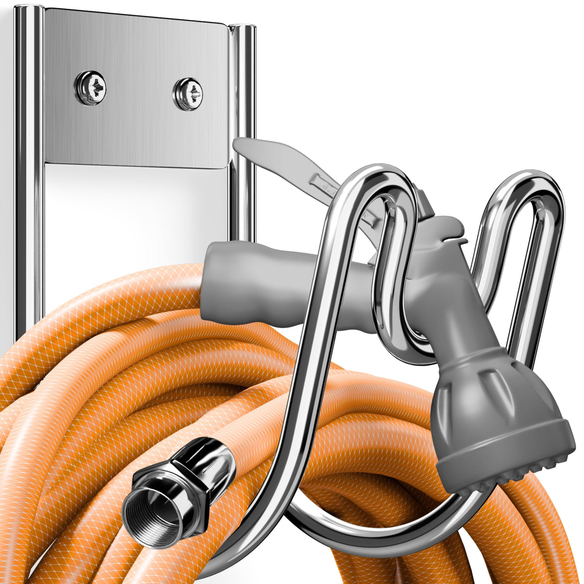 Josmimic hose holder wall mounted in silver, keeps outdoor hoses tidy and ready.
