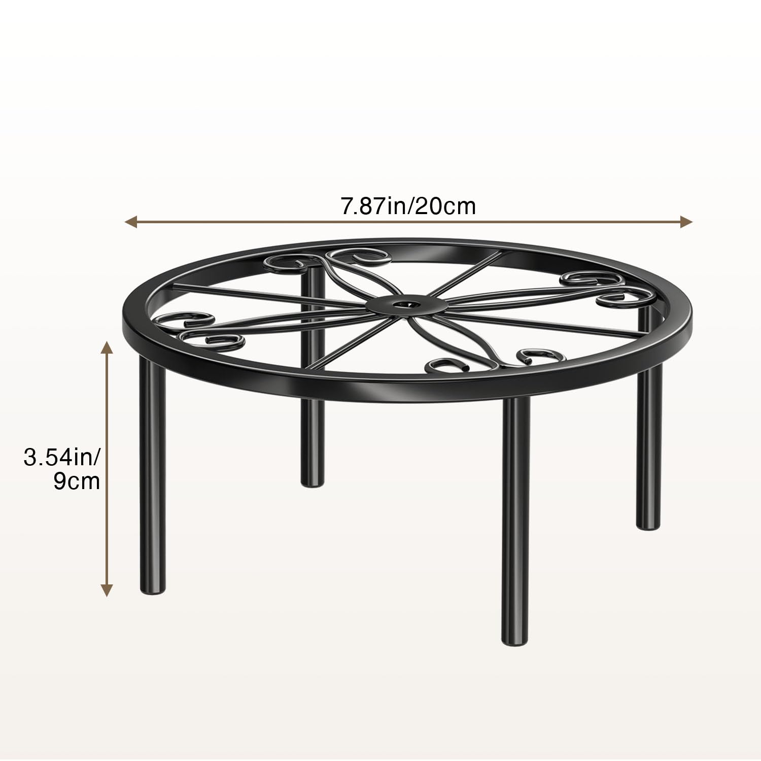Josmimic metal flower pot holder provides sturdy support for pots.