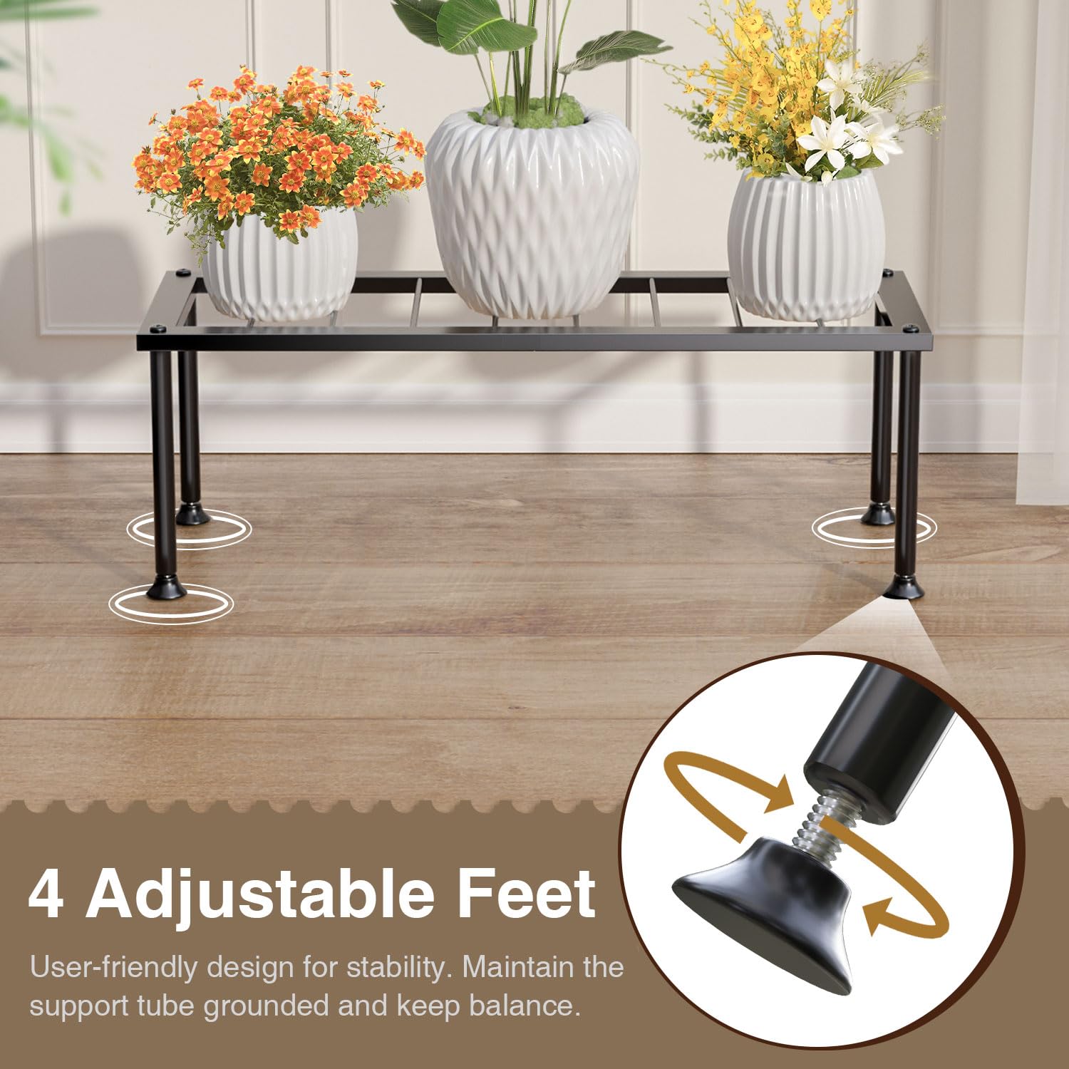 Josmimic plant display stand suitable for both indoor and outdoor spaces.