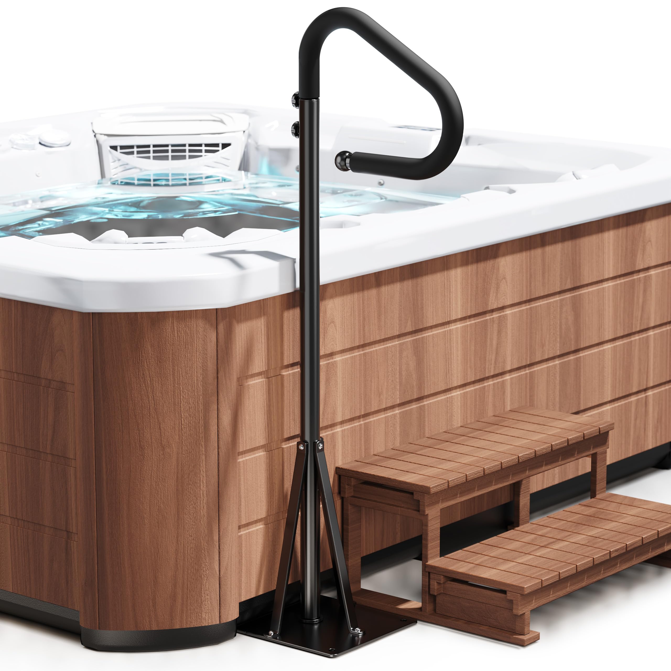 Josmimic rail mounted on a hot tub demonstrating safe entry support.