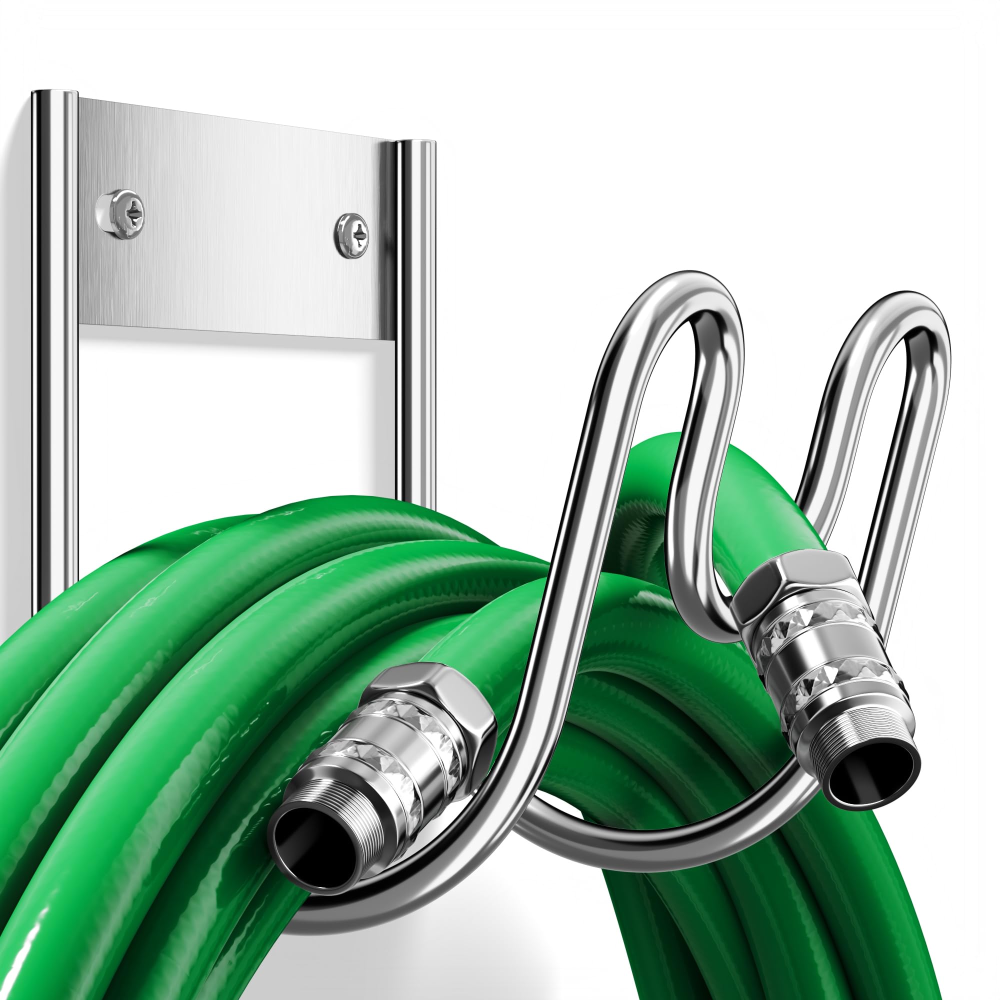 Josmimic stainless steel hose holder on wall keeps hoses organized and ready for quick access.