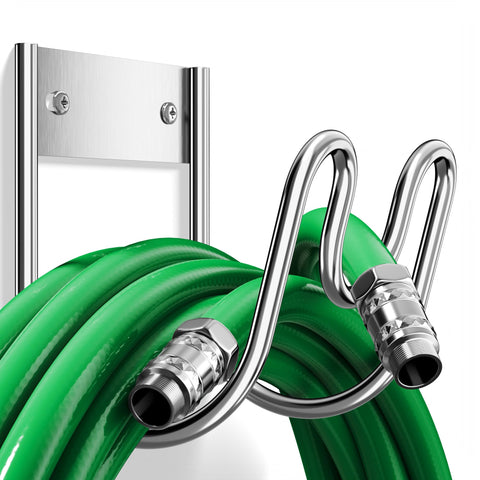 Josmimic stainless steel hose holder on wall keeps hoses organized and ready for quick access.