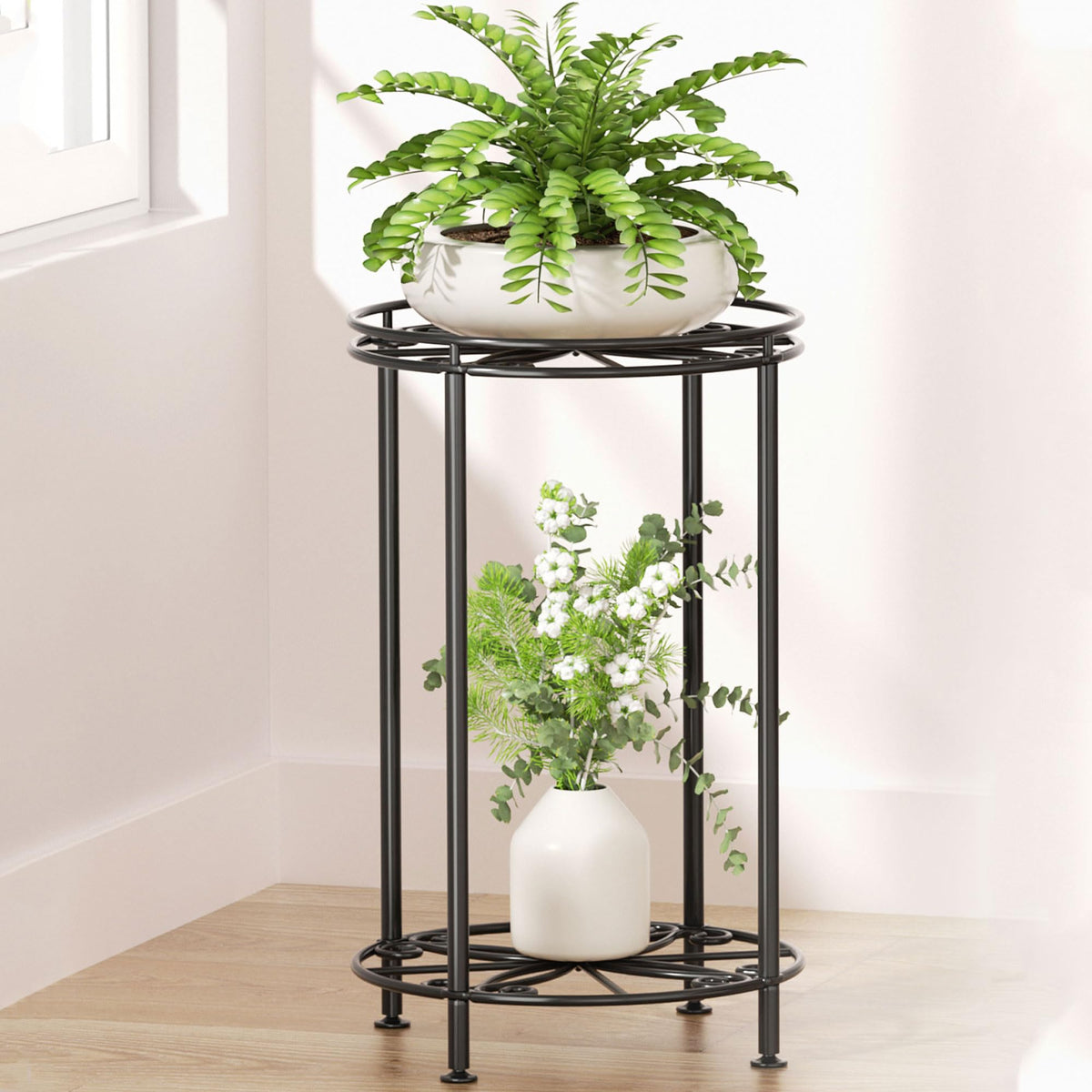 Josmimic two-tier plant stand for indoor and outdoor display, space-saving vertical arrangement.