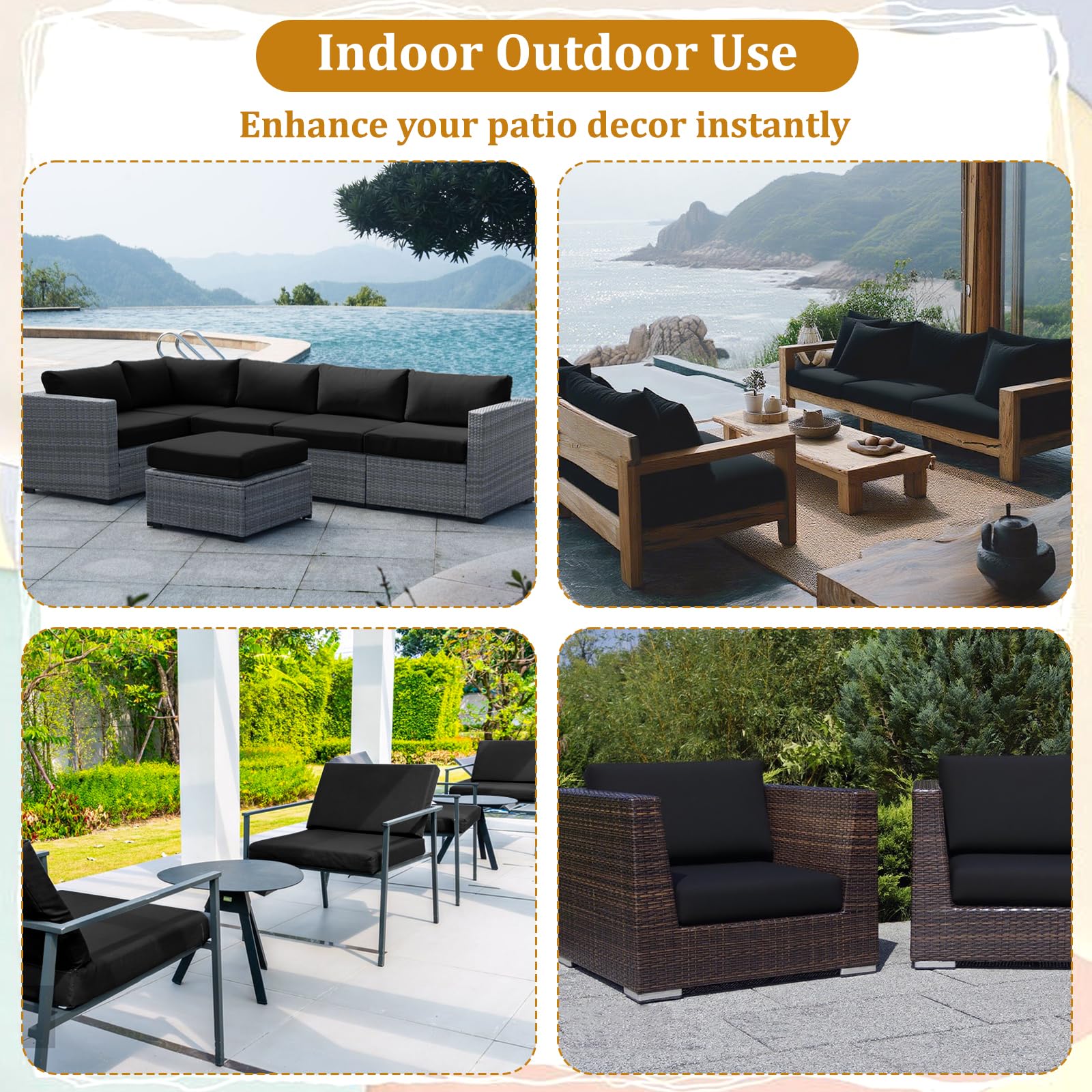 Includes eight black covers to update patio sets.