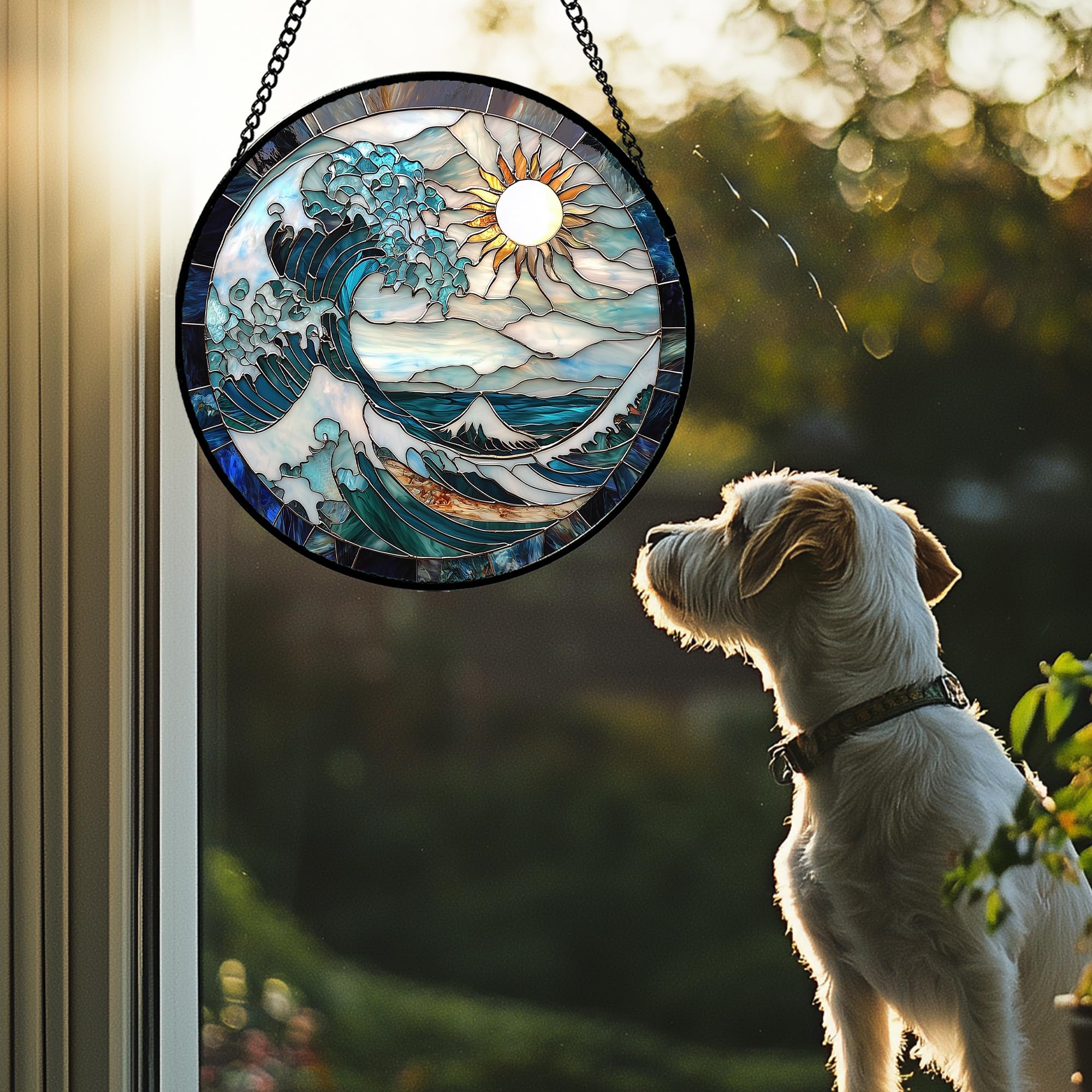 JOSUMALY blue ocean landscape suncatcher adds calming color to any space.