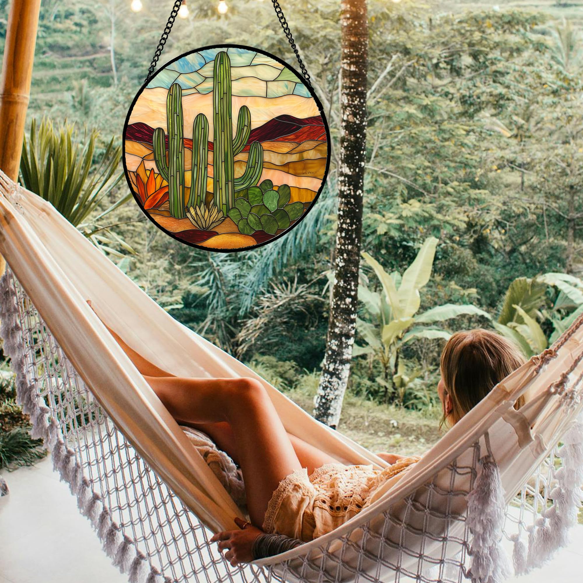JOSUMALY desert landscape stained glass, a colorful focal point in a room.