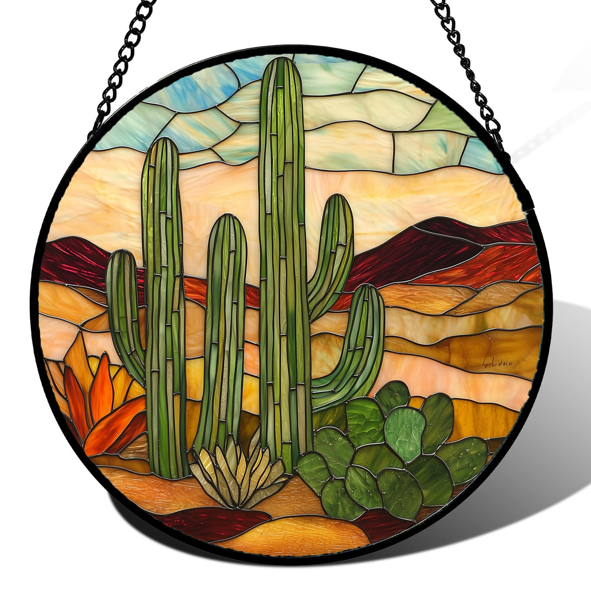 JOSUMALY green cactus sun catcher on a window, highlighting vibrant light patterns.